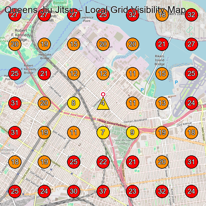 Queens Jiu Jitsu GeoGrid visibility map for Martial Arts School in Queens